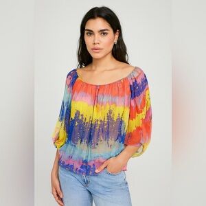 Akiko Multicolored Silk Peasant Top‎ Sz. M